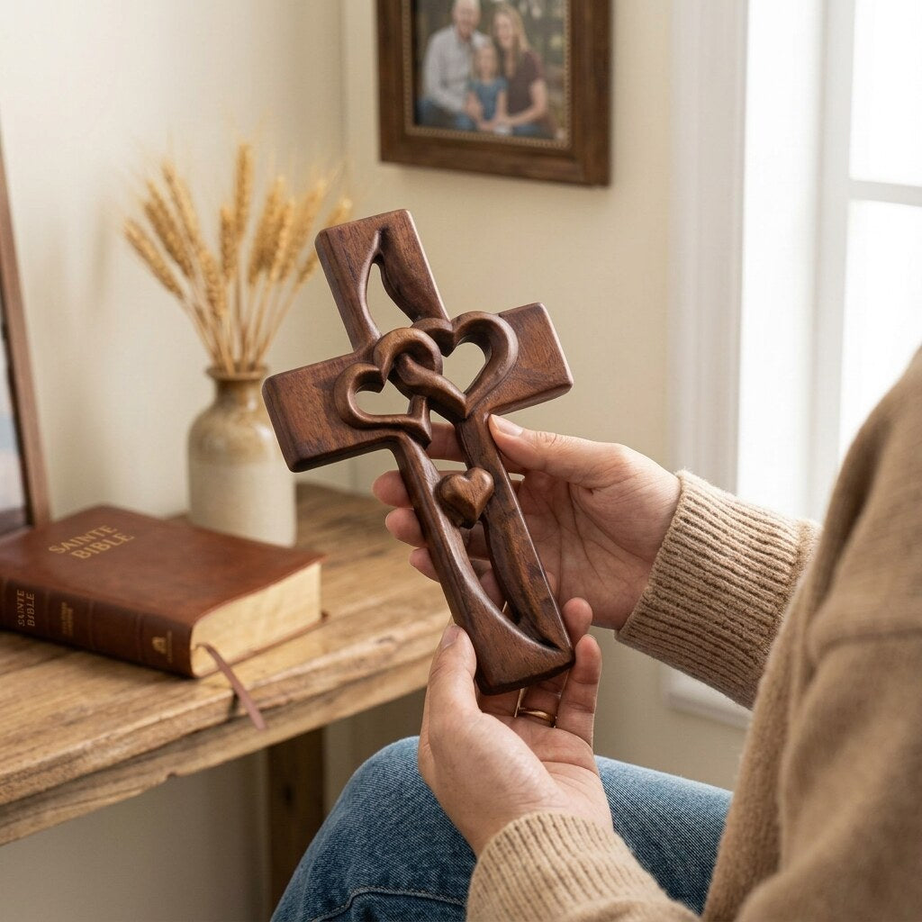 Croix murale bois naturel – Cœurs sculptés entrecroisés