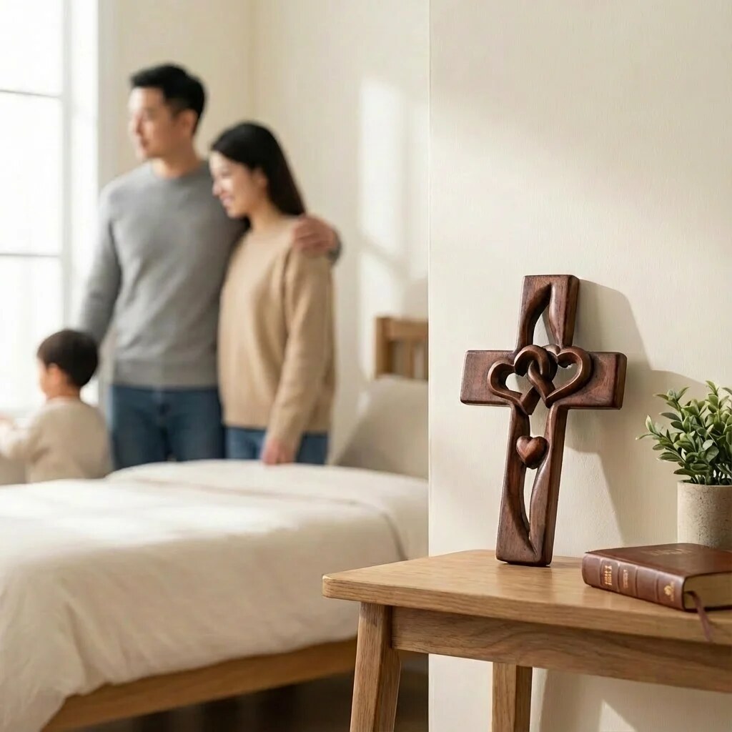 Croix murale bois naturel – Cœurs sculptés entrecroisés
