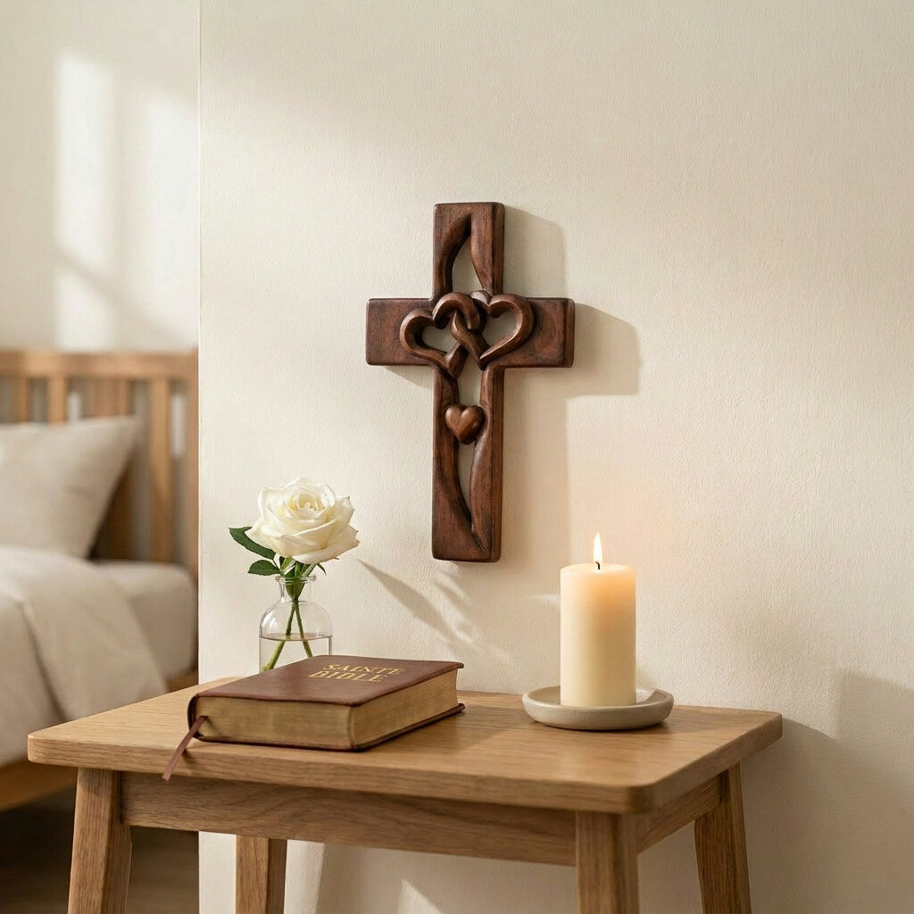 Croix murale bois naturel – Cœurs sculptés entrecroisés