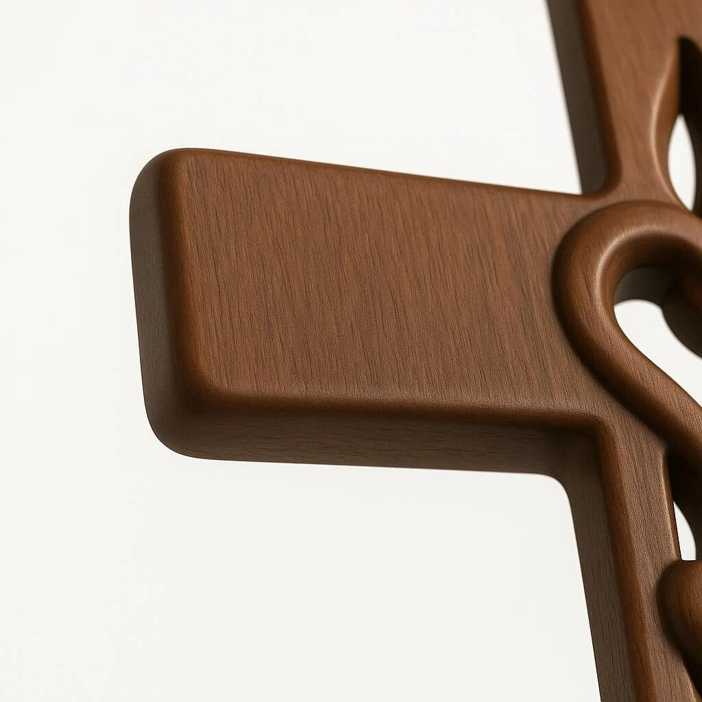 Croix murale bois naturel – Cœurs sculptés entrecroisés