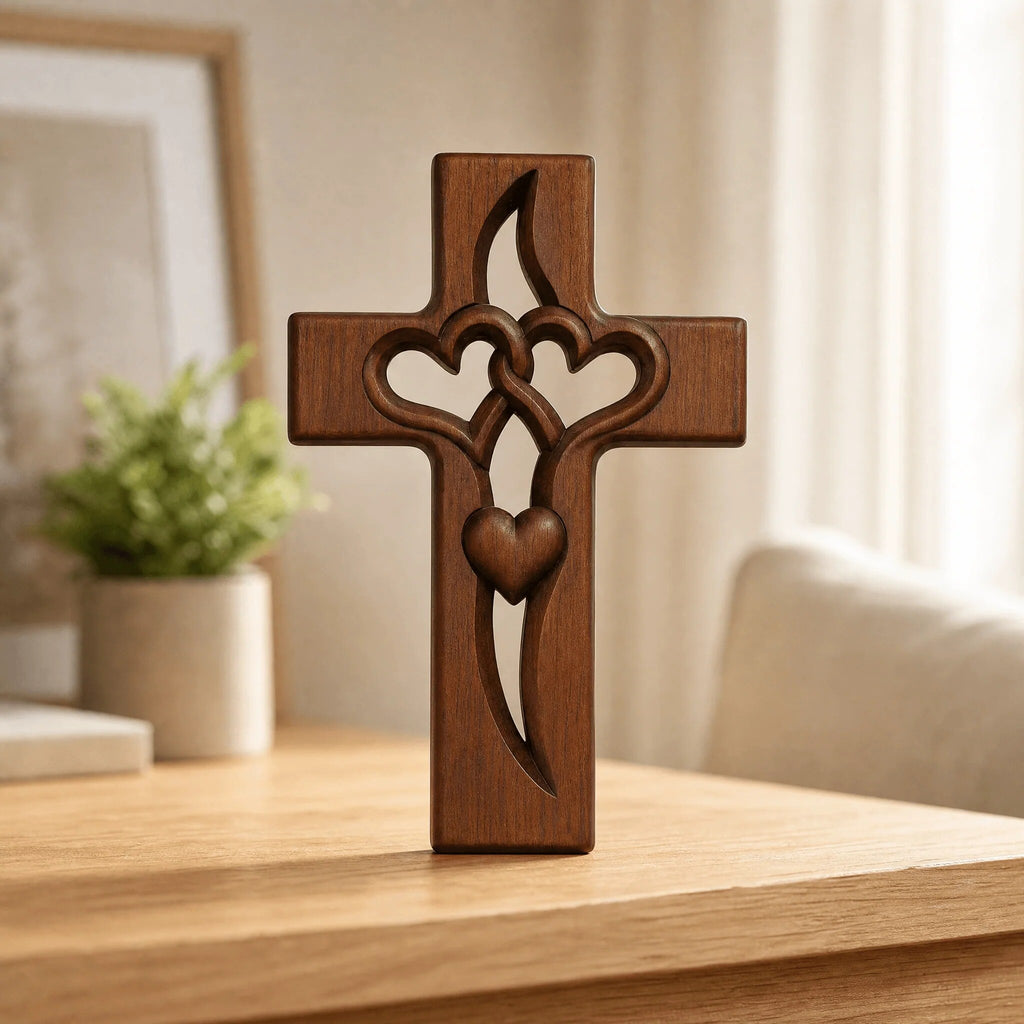 Croix murale bois naturel – Cœurs sculptés entrecroisés