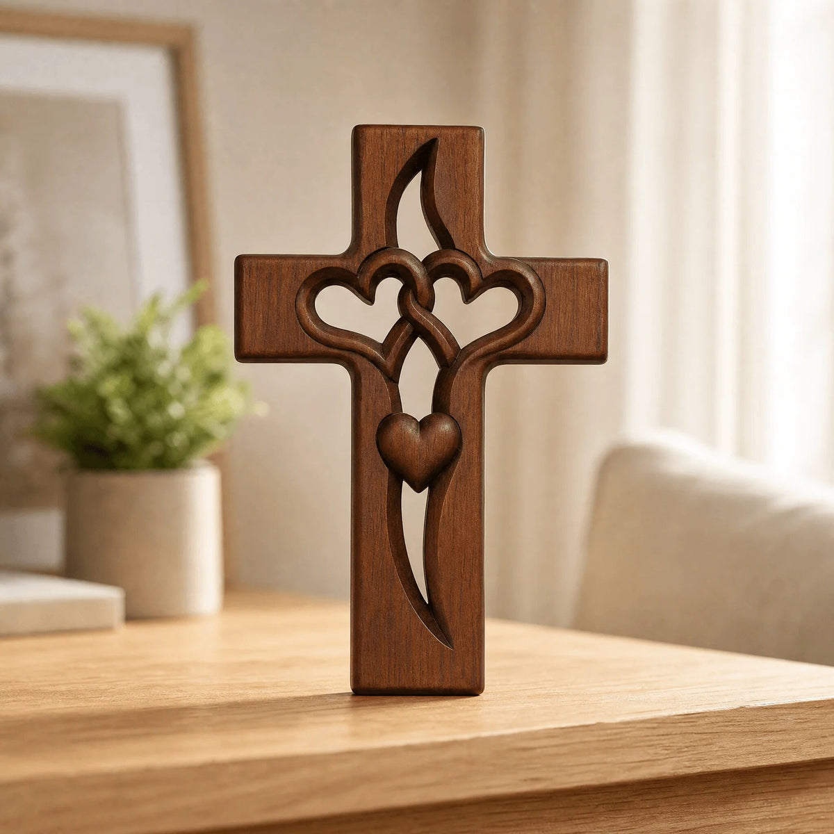 Croix murale bois naturel – Cœurs sculptés entrecroisés