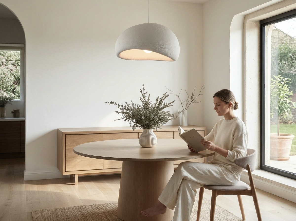 Suspension en céramique au-dessus d'une table en chêne