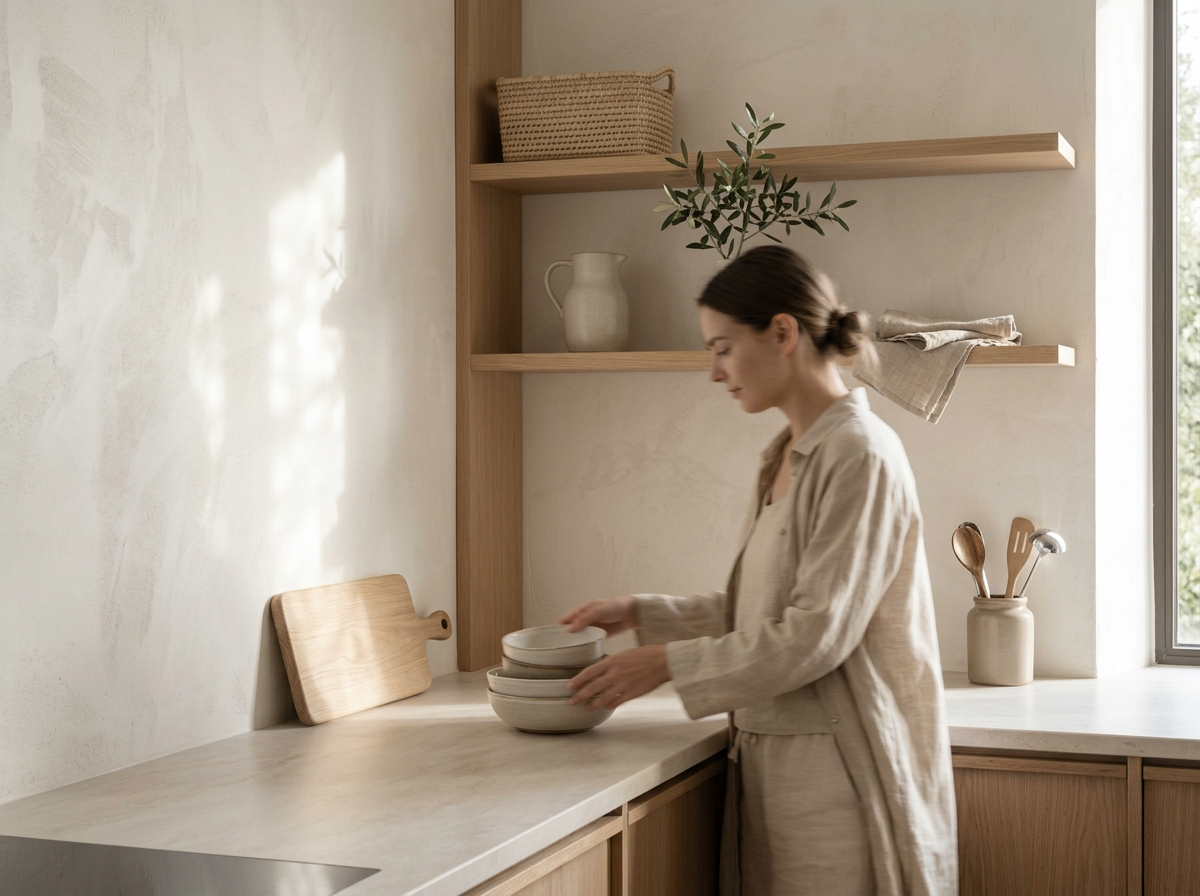 Cuisine claire avec vaisselle en céramique et rangement en bois