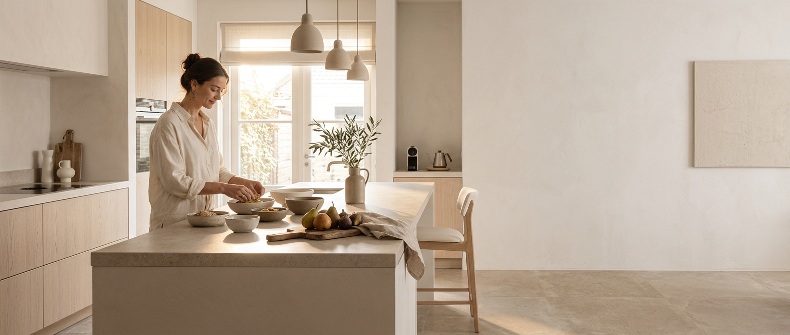 Cuisine lumineuse aux tons beige et bois clair