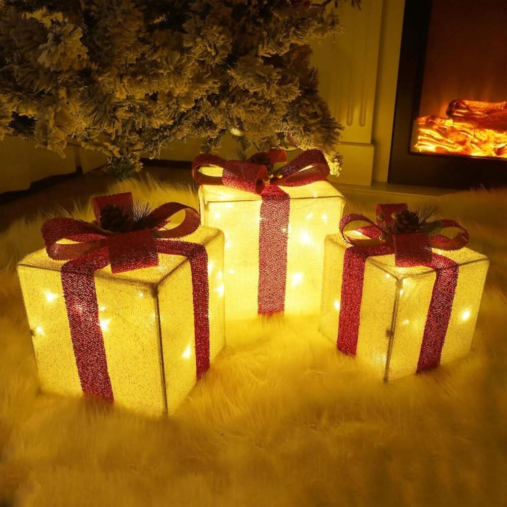 Ensemble de trois boîtes cadeaux lumineuses – Décoration de Noël