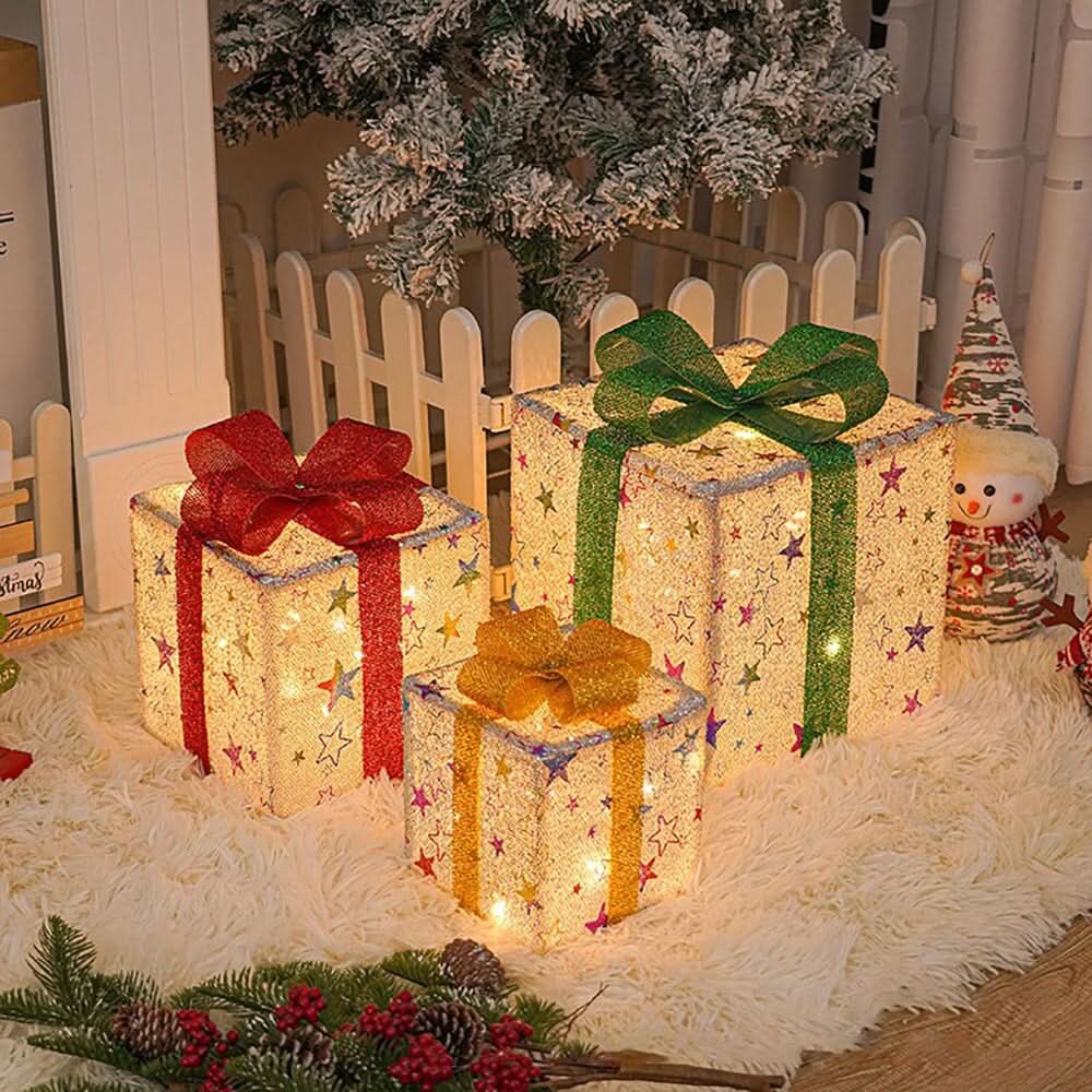 Ensemble de trois boîtes cadeaux lumineuses – Décoration de Noël