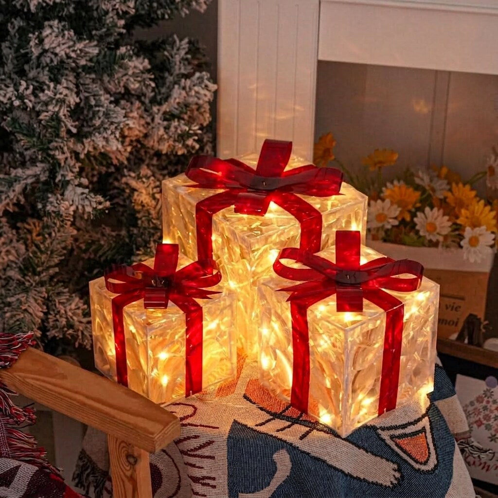 Ensemble de trois boîtes cadeaux lumineuses – Décoration de Noël