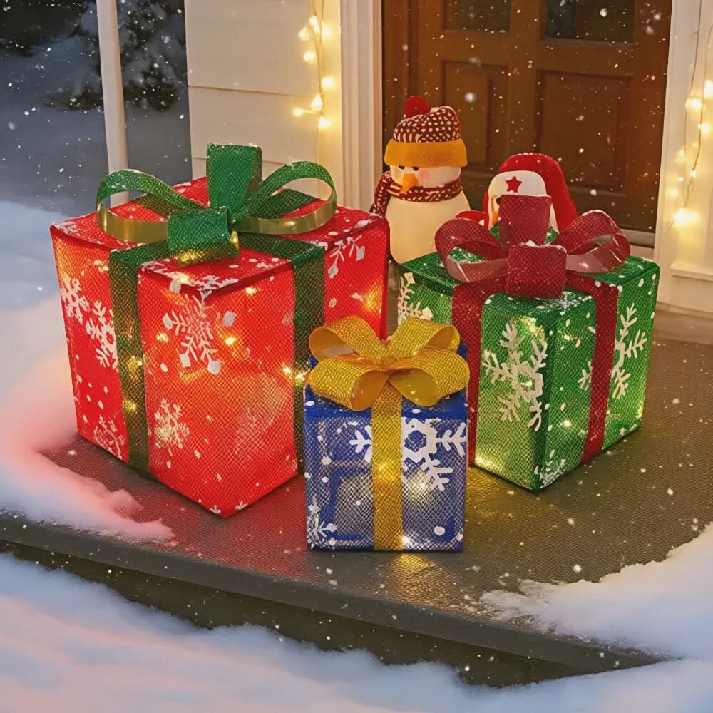 Ensemble de trois boîtes cadeaux lumineuses – Décoration de Noël