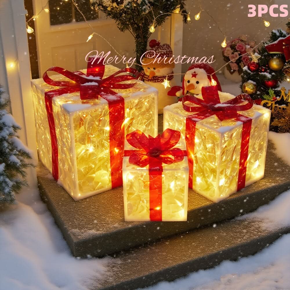 Ensemble de trois boîtes cadeaux lumineuses – Décoration de Noël