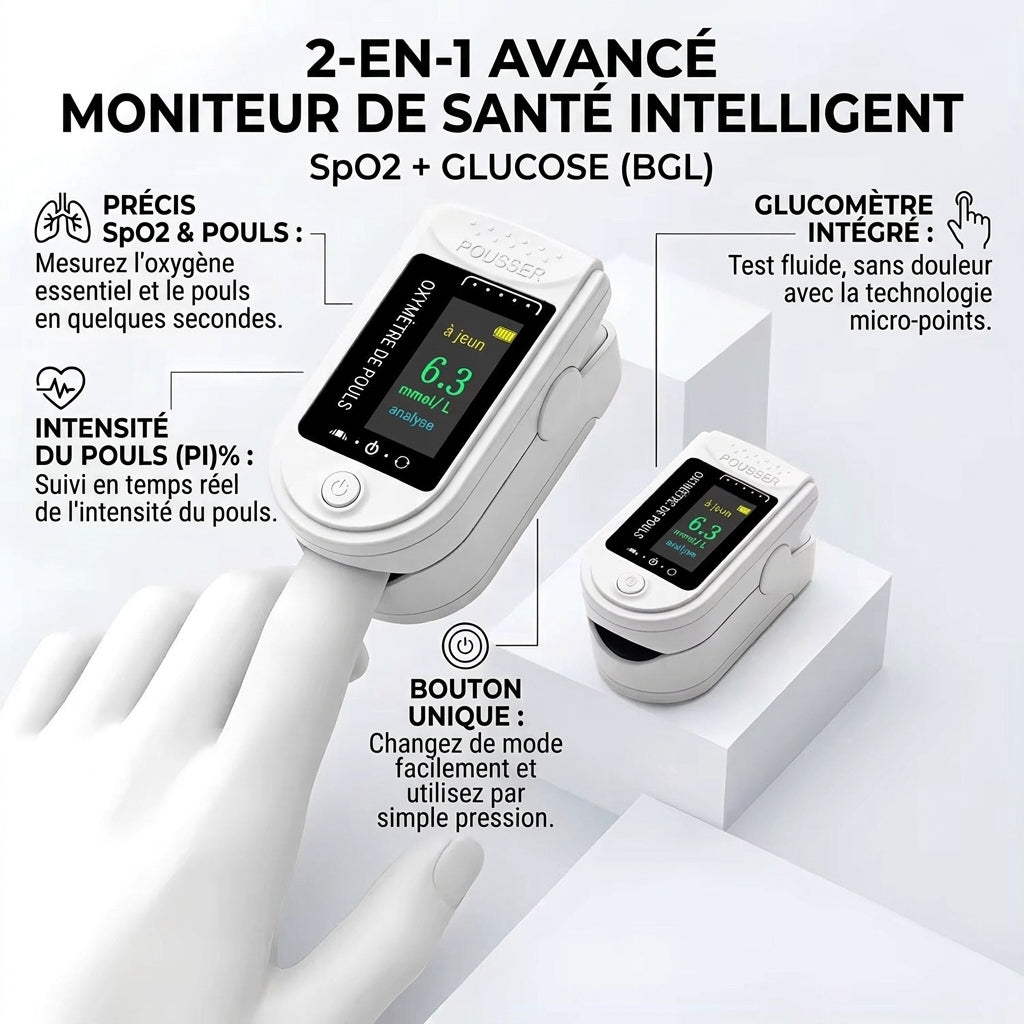 Appareil de doigt 2-en-1 – Mesures d'oxymétrie et glucose
