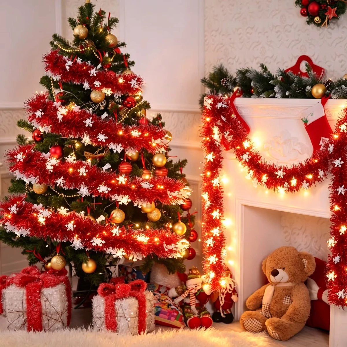 Guirlande lumineuse de Noël – flocons suspendus rouges