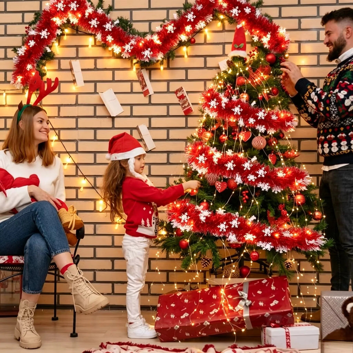 Guirlande lumineuse de Noël – flocons suspendus rouges