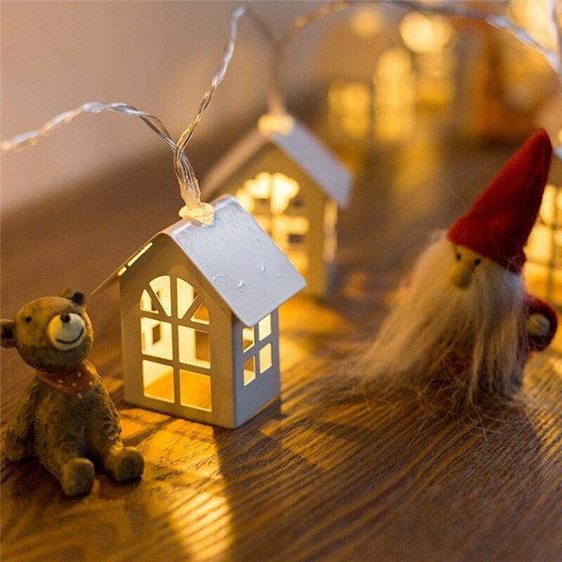 Guirlande lumineuse maisonnettes – bois massif, LED blanc chaud