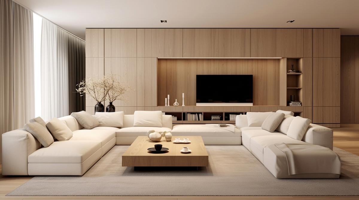 Salon moderne aux tons beige et bois clair