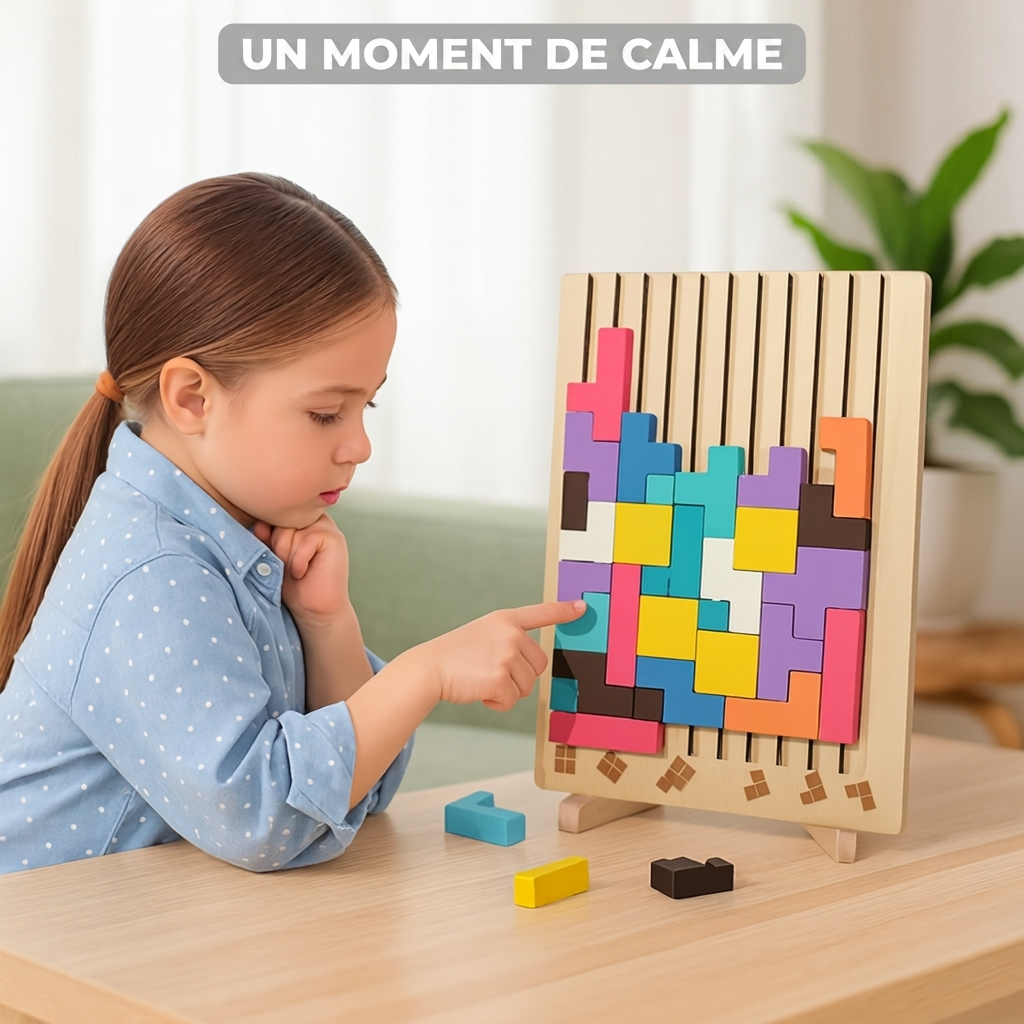 Enfant plaçant un bloc sur le plateau posé sur la table