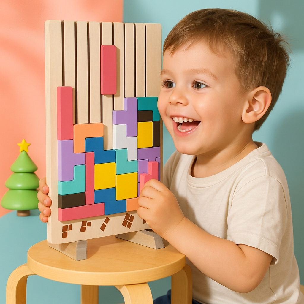 Enfant tenant le puzzle en bois rempli de blocs colorés
