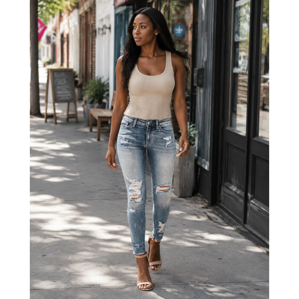 Jean skinny femme – Coupe ajustée taille montée délavé