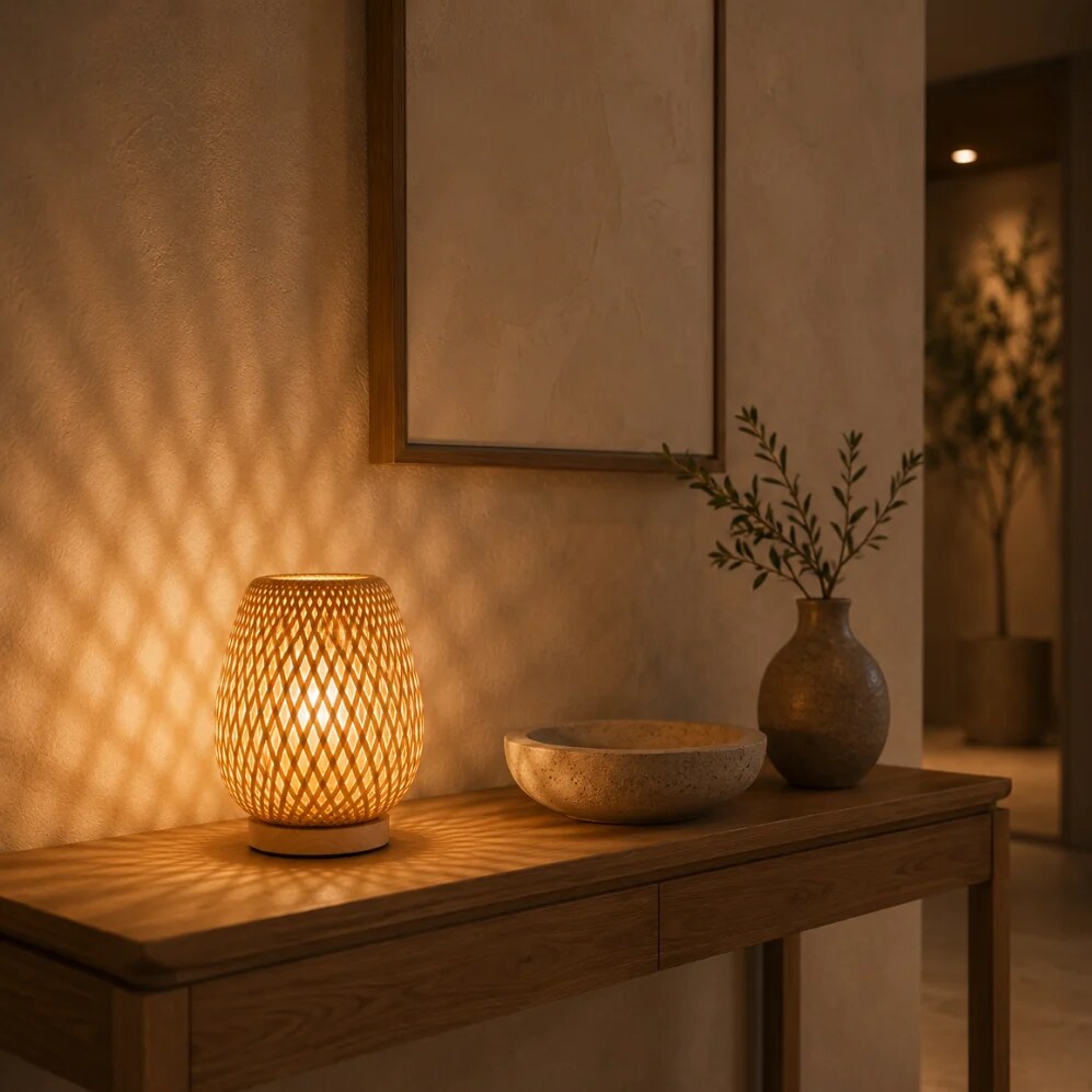 Lampe à poser – abat-jour tissu bambou design scandinave