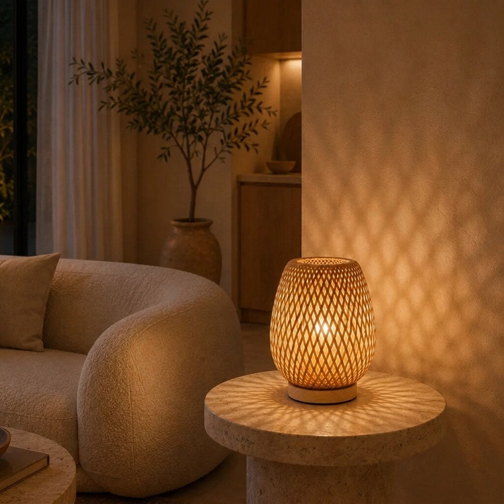 Lampe à poser – abat-jour tissu bambou design scandinave