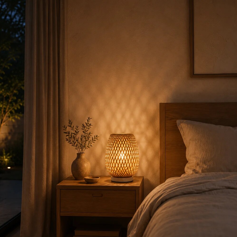 Lampe à poser – abat-jour tissu bambou design scandinave