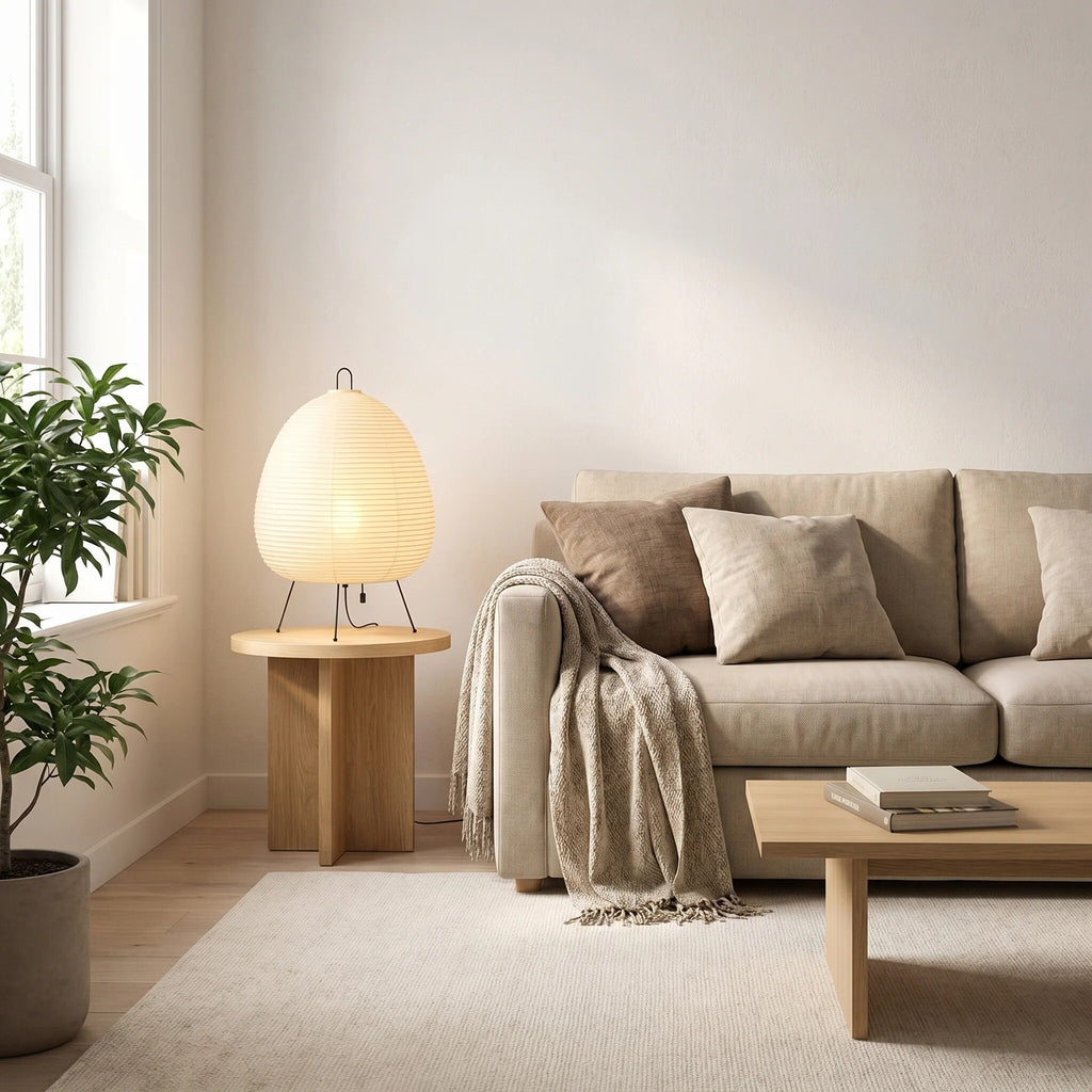 Lampe de chevet en papier plissé – style japandi clair