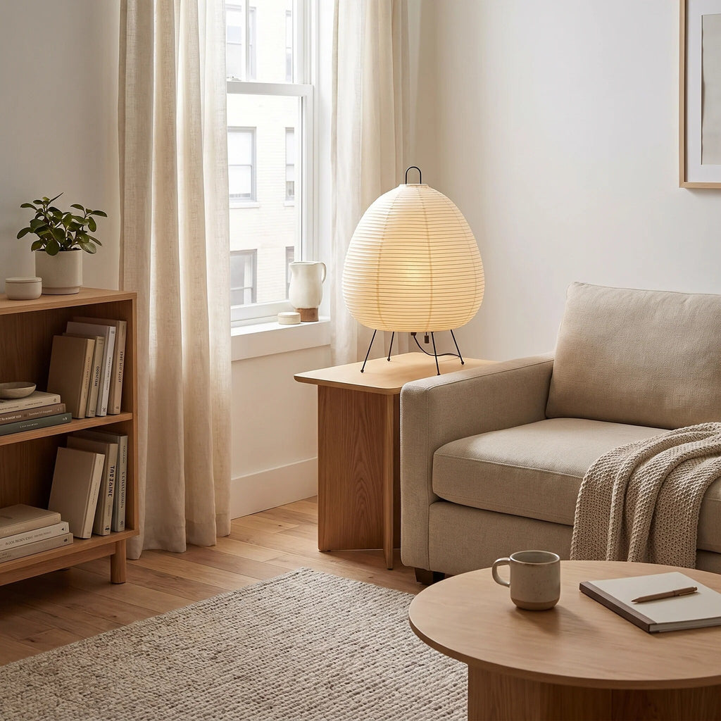 Lampe de chevet en papier plissé – style japandi clair