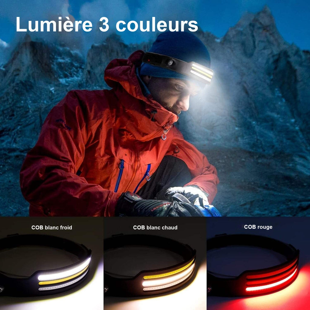 Lampe frontale avec lumière blanc froid, blanc chaud et rouge