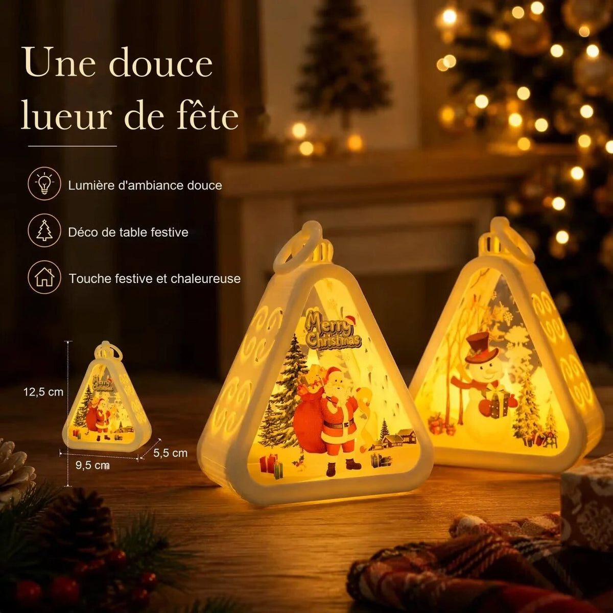 Lanterne de Noël triangulaire – motifs assortis et lumineux