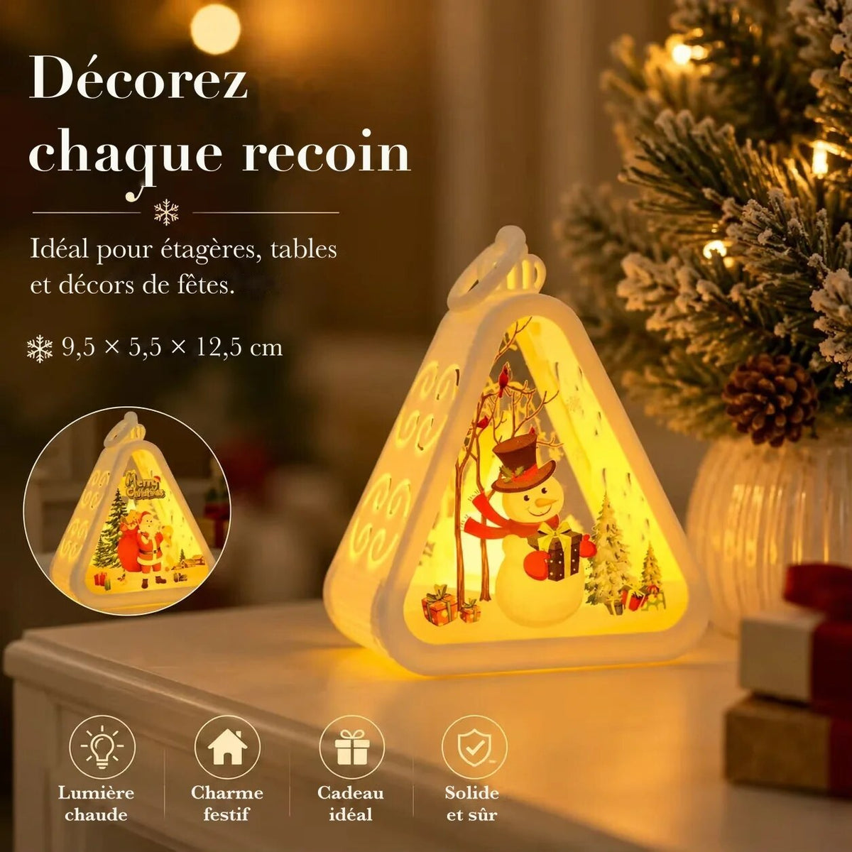 Lanterne de Noël triangulaire – motifs assortis et lumineux