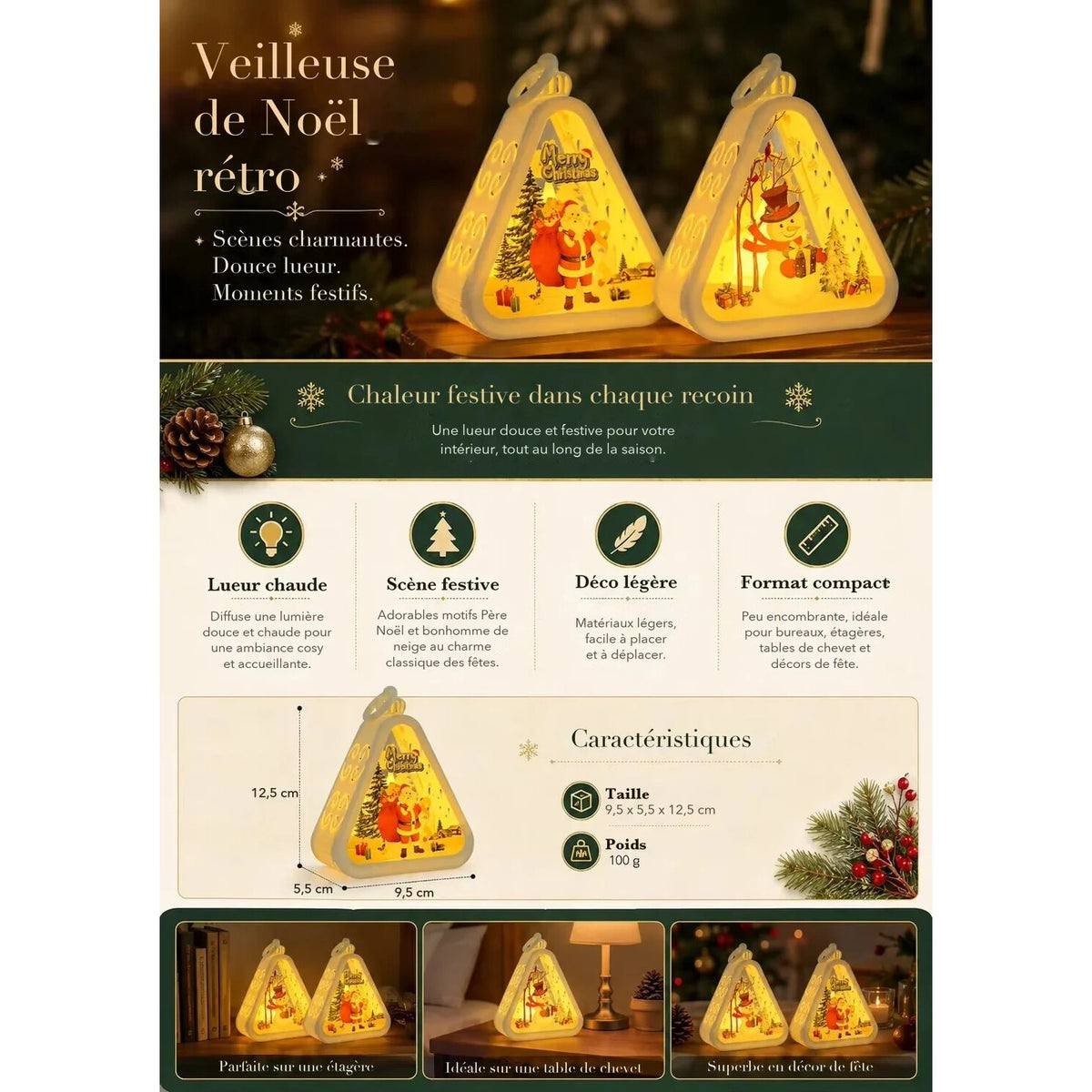 Lanterne de Noël triangulaire – motifs assortis et lumineux