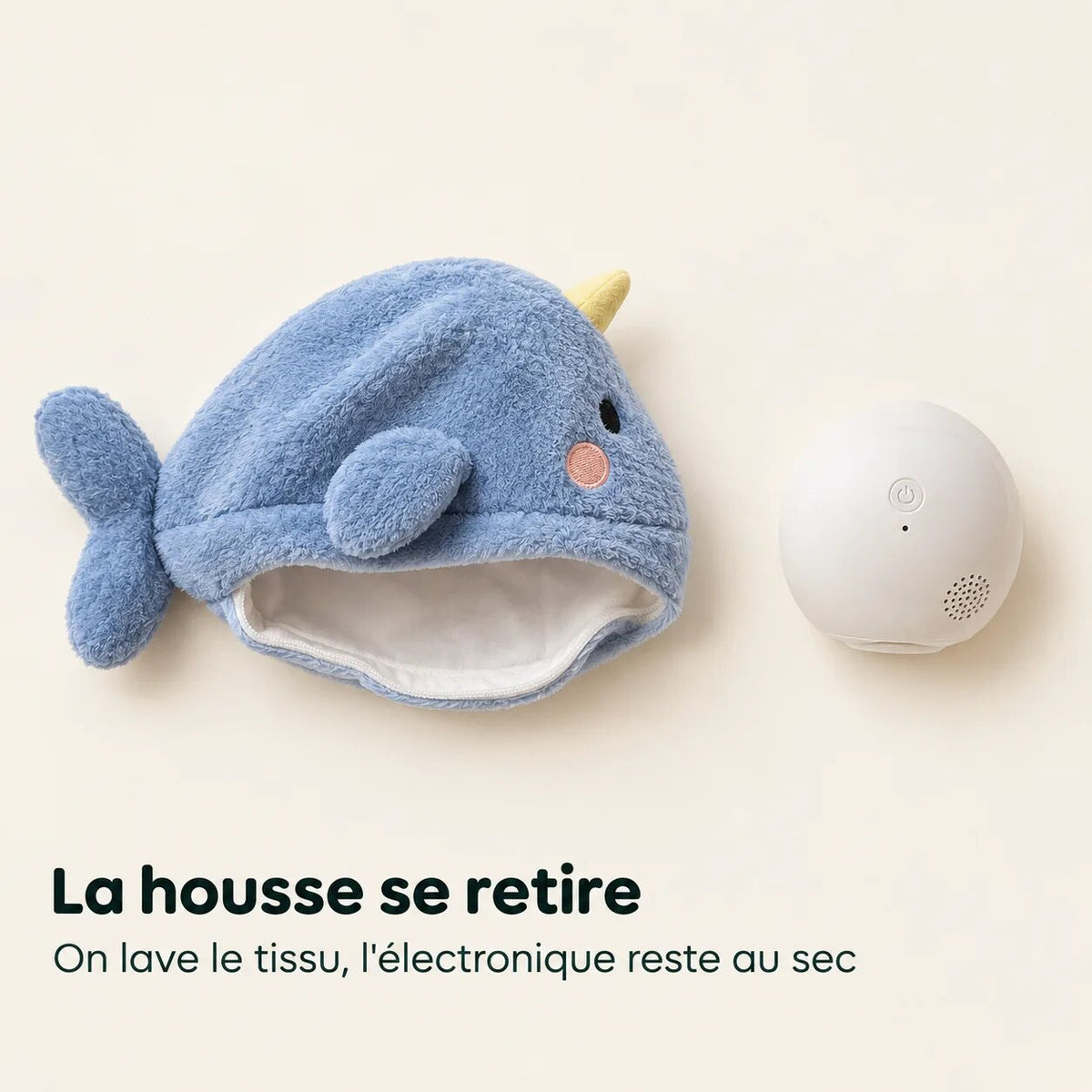Peluche veilleuse baleine – bruit blanc, berceuses et housse