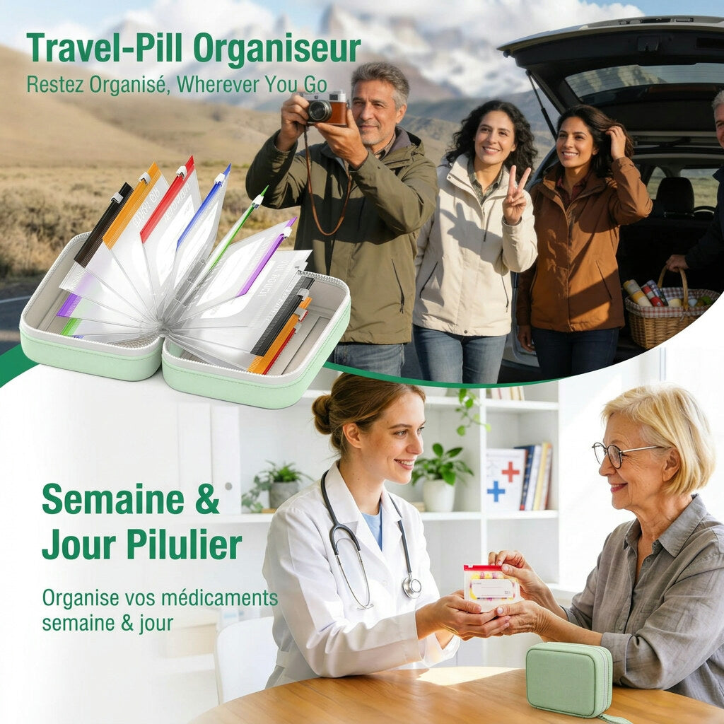 Pilulier semainier – 14 compartiments avec étui en similicuir