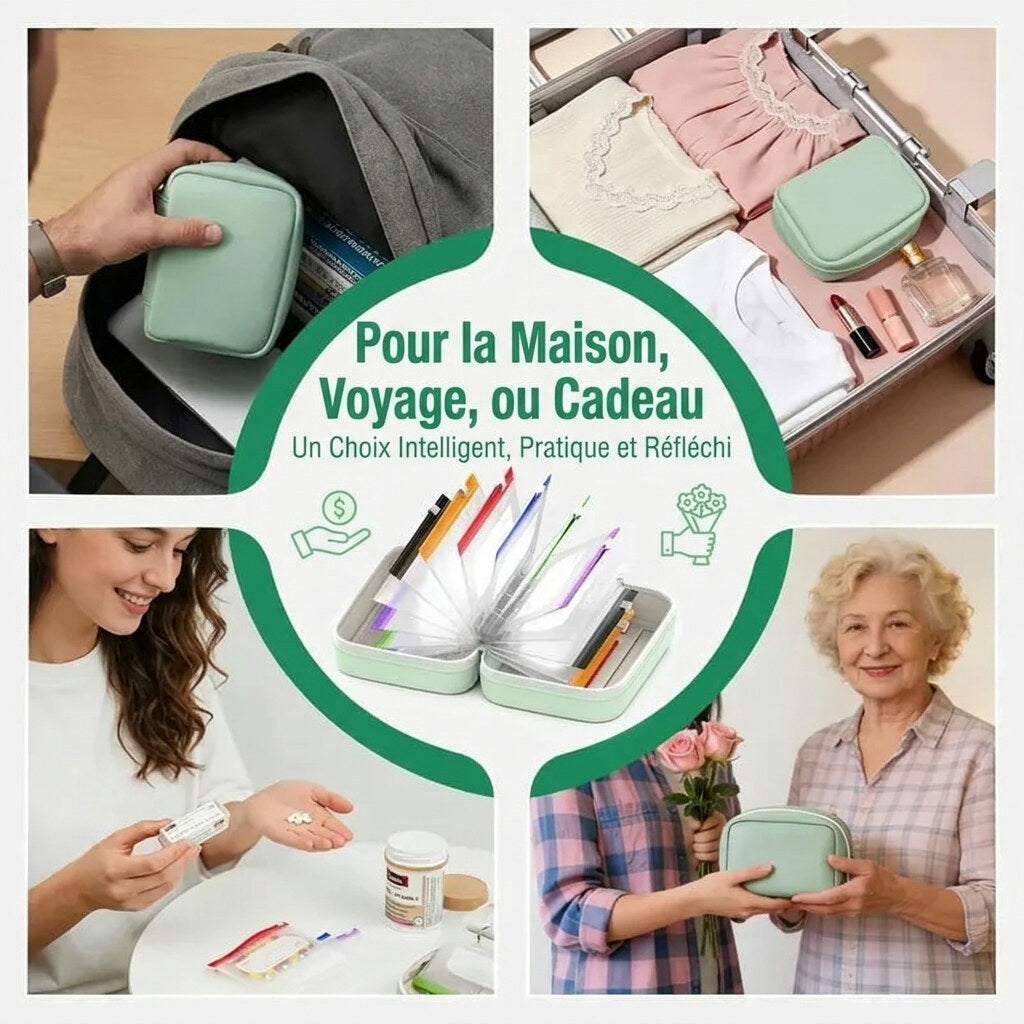 Pilulier semainier – 14 compartiments avec étui en similicuir