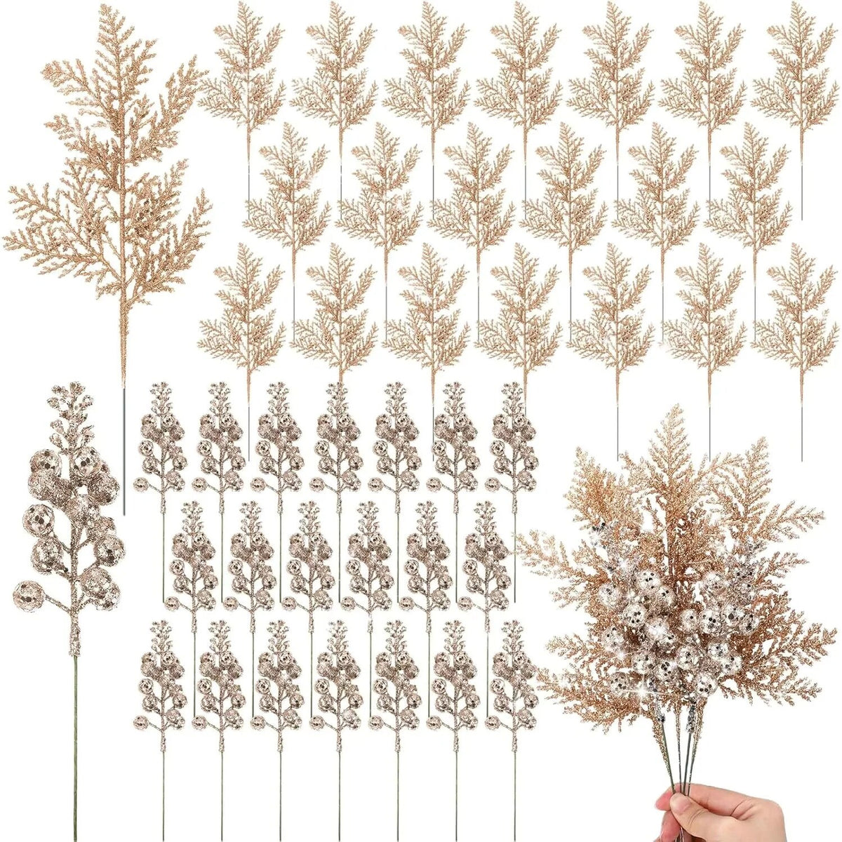 Piques décoratives pailletées – branches et baies, lot de 10