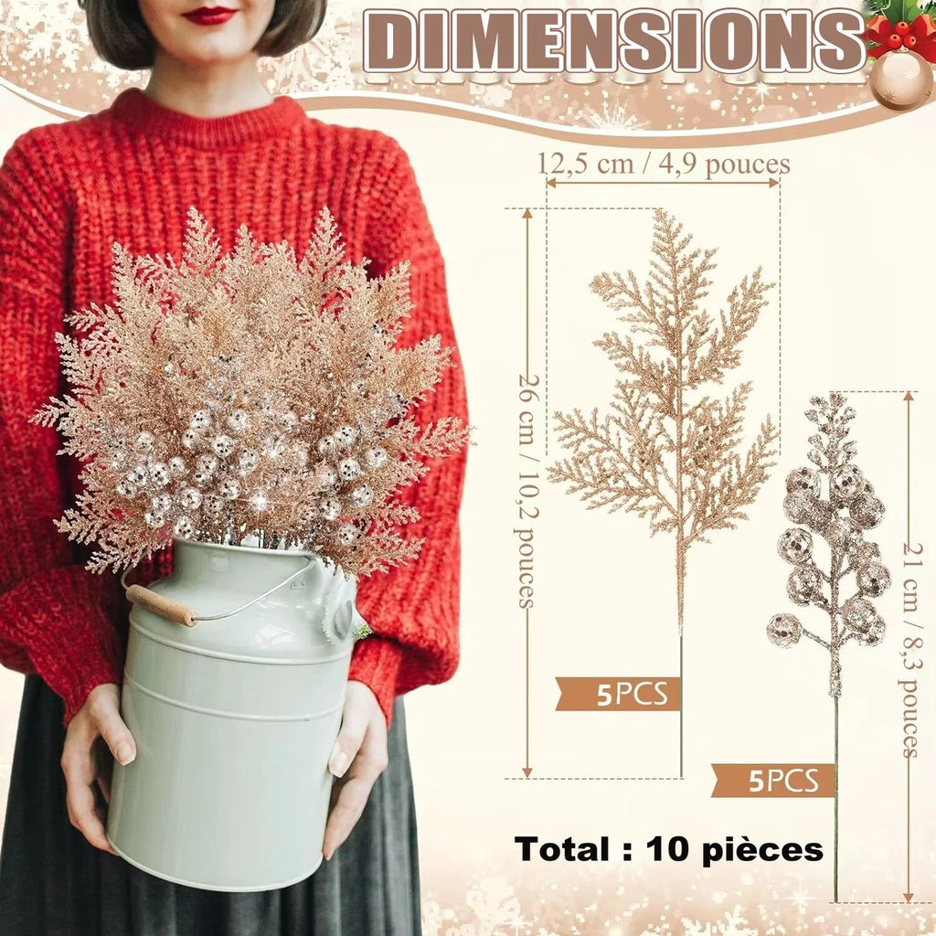 Piques décoratives pailletées – branches et baies, lot de 10