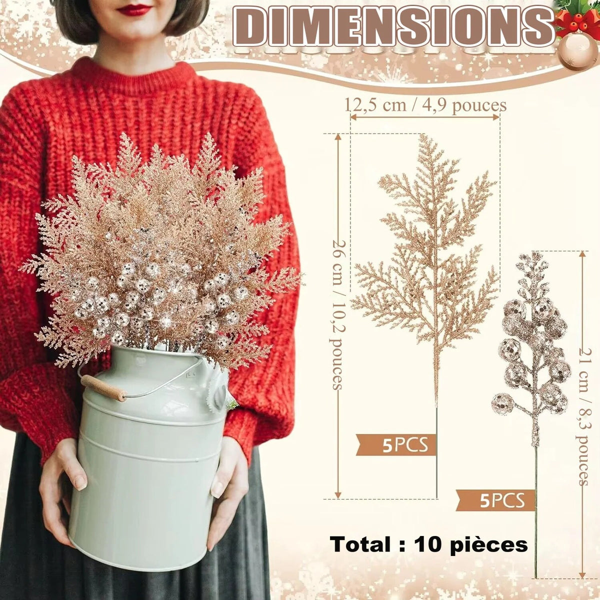 Piques décoratives pailletées – branches et baies, lot de 10