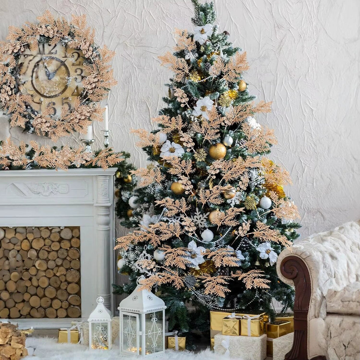 Piques décoratives pailletées – branches et baies, lot de 10