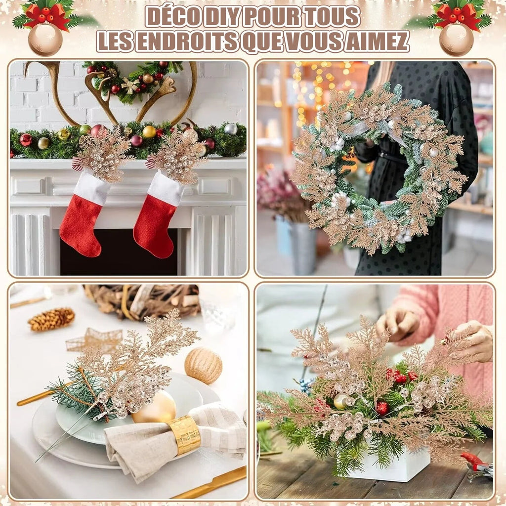 Piques décoratives pailletées – branches et baies, lot de 10