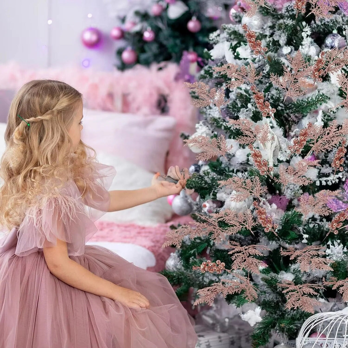 Piques décoratives pailletées – branches et baies, lot de 10