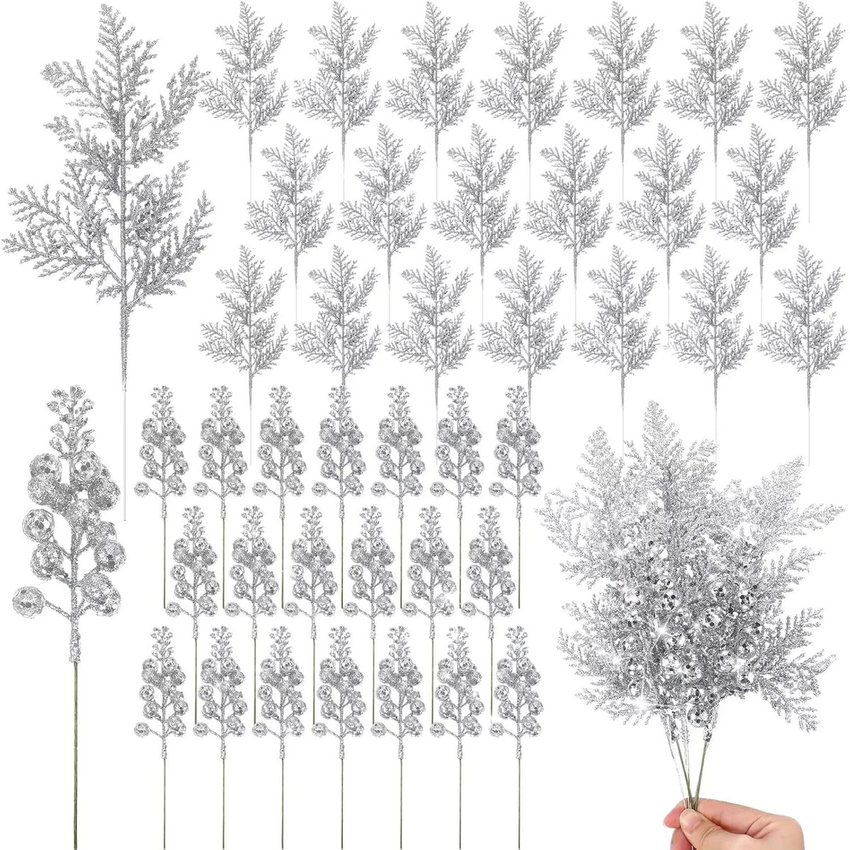 Piques décoratives pailletées – branches et baies, lot de 10