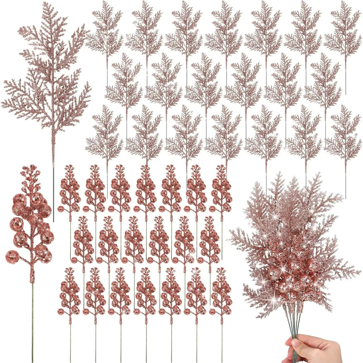 Piques décoratives pailletées – branches et baies, lot de 10