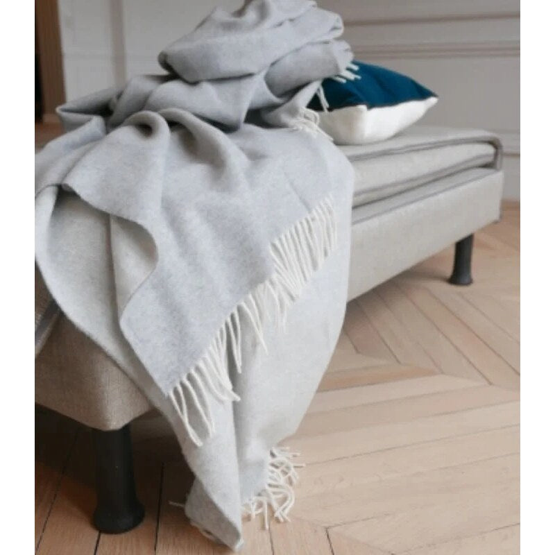 Plaid Cachemire et Laine Réversible – Gris Clair et Écru