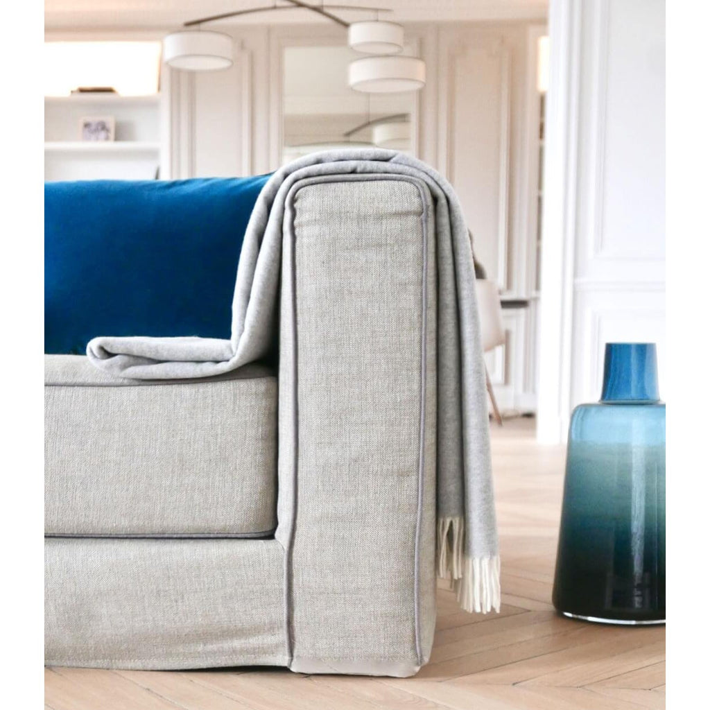 Plaid Cachemire et Laine Réversible – Gris Clair et Écru
