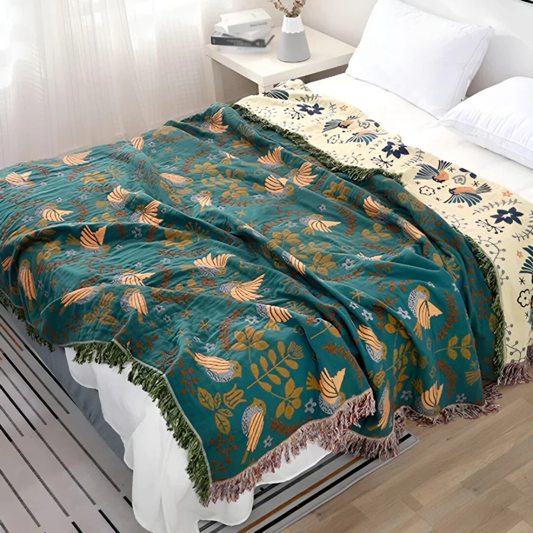 Plaid en coton – Oiseaux et fleurs brodés, réversible