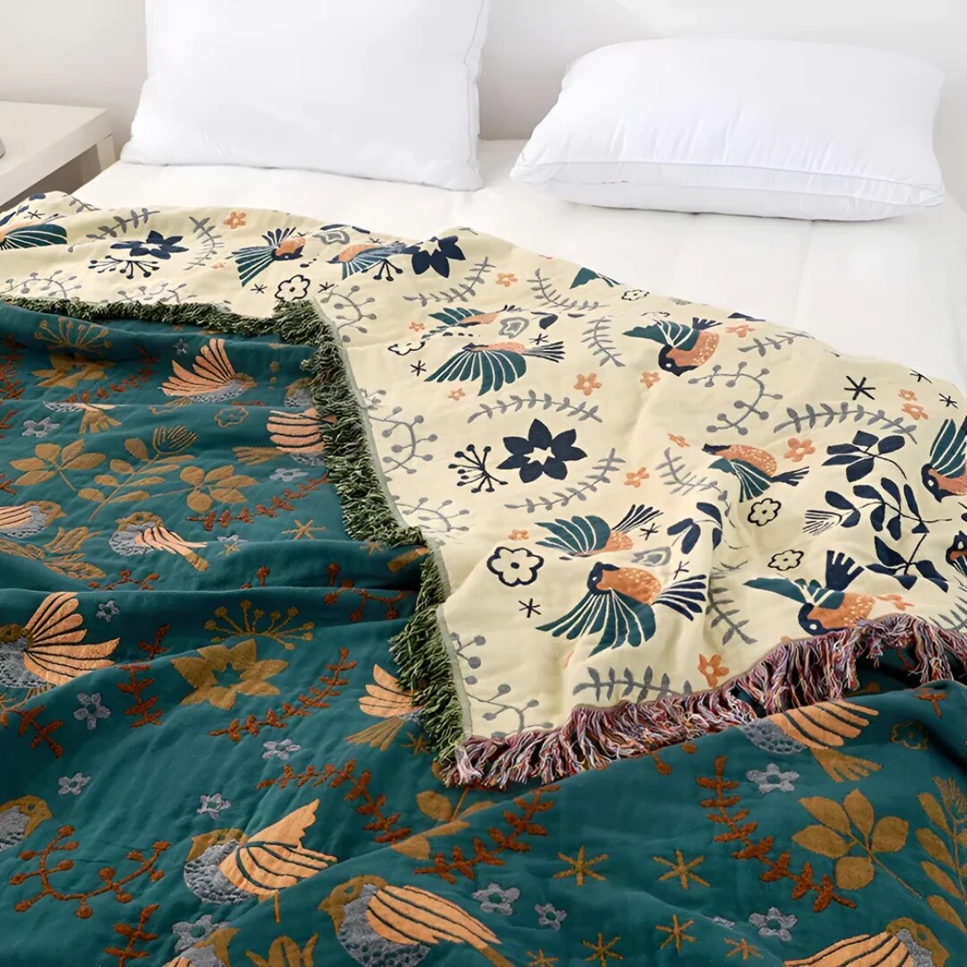 Plaid en coton – Oiseaux et fleurs brodés, réversible