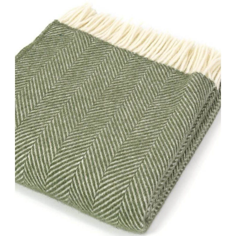 Plaid en laine à chevrons – Vert olive, blanc cassé et franges