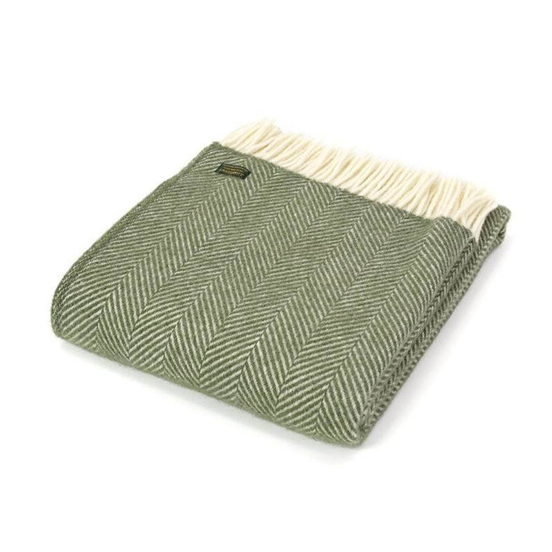 Plaid en laine à chevrons – Vert olive, blanc cassé et franges