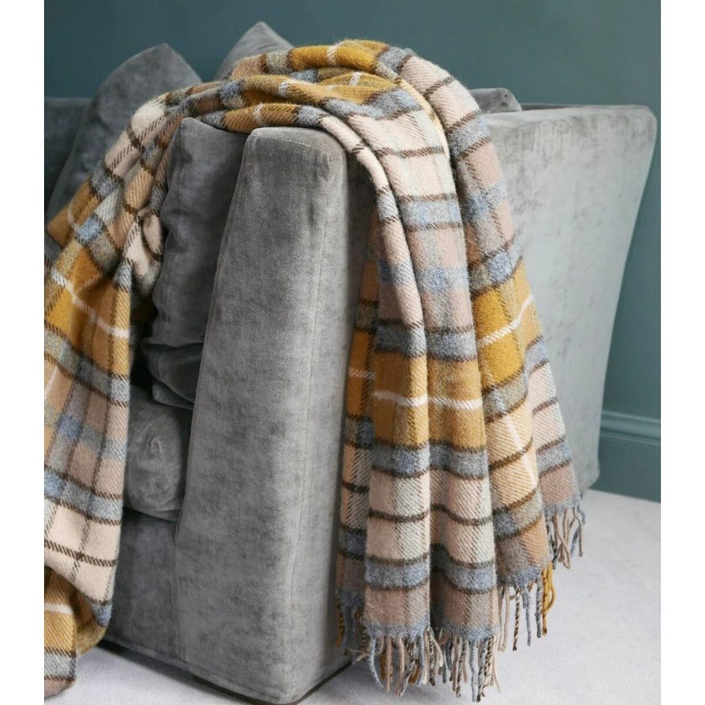 Plaid en laine écossaise – Tartan jaune et gris, tissage britannique