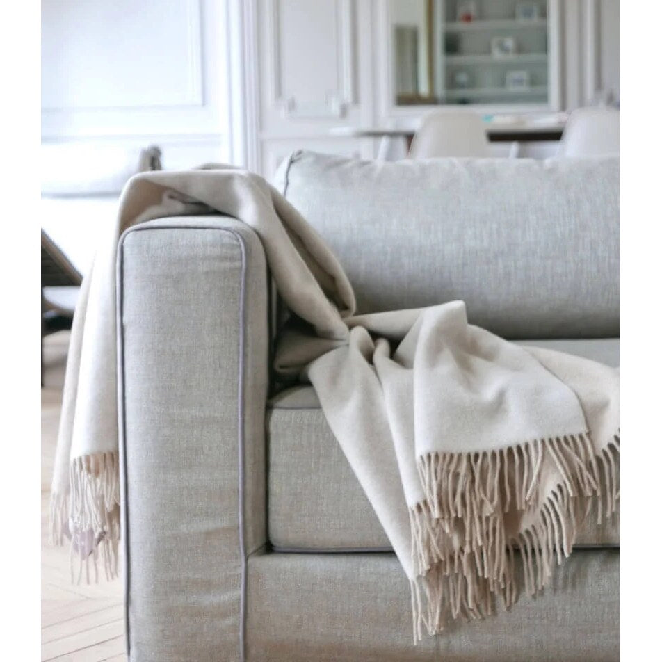 Plaid en laine pure – reversible beige et crème légère